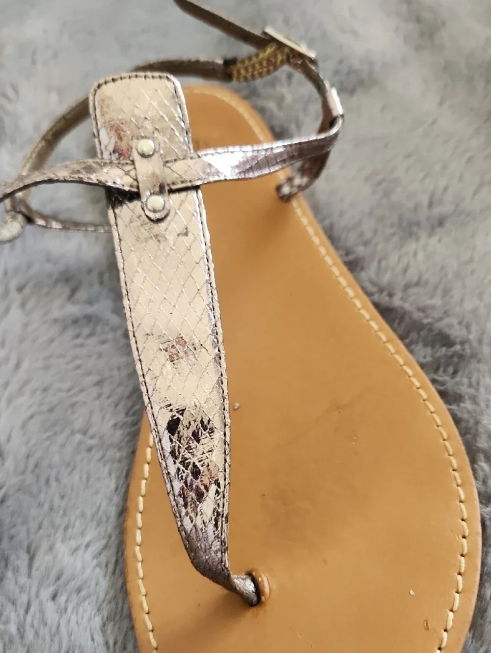 Ann Talor LOFT Metallic Silver T-Strap Sandals with Tan Footbed